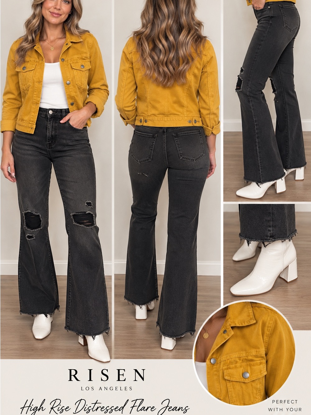 Risen High-Rise Distressed Flare Jeans in Washed Black